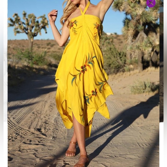 VENICE BLUE Bright Yellow Strapless Halter Dress with Floral & Embroidery, OS. - Picture 2 of 16
